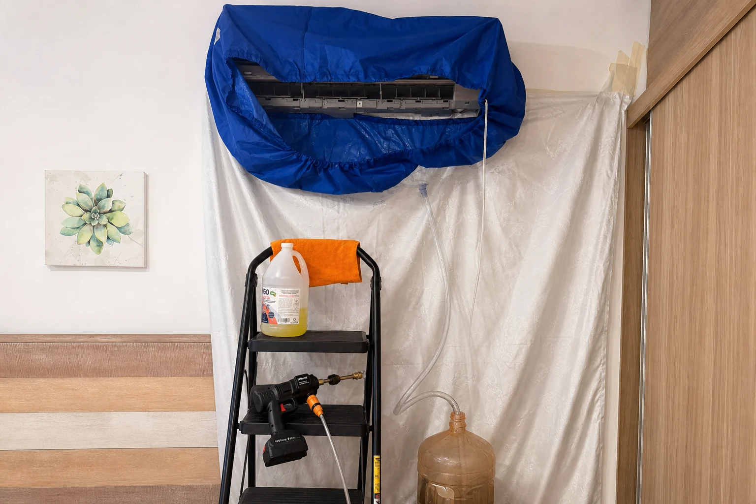 Mini-split air conditioner protected and prepared for professional deep cleaning